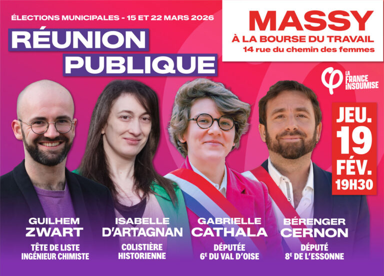 Affiche réunion publique LFI pour les municipales 2026 à Massy